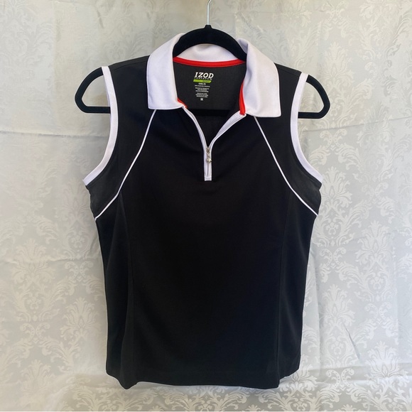 Woman’s IZOD Sleeveless Collared Zip front Black and White Athletic Top - Picture 3 of 3